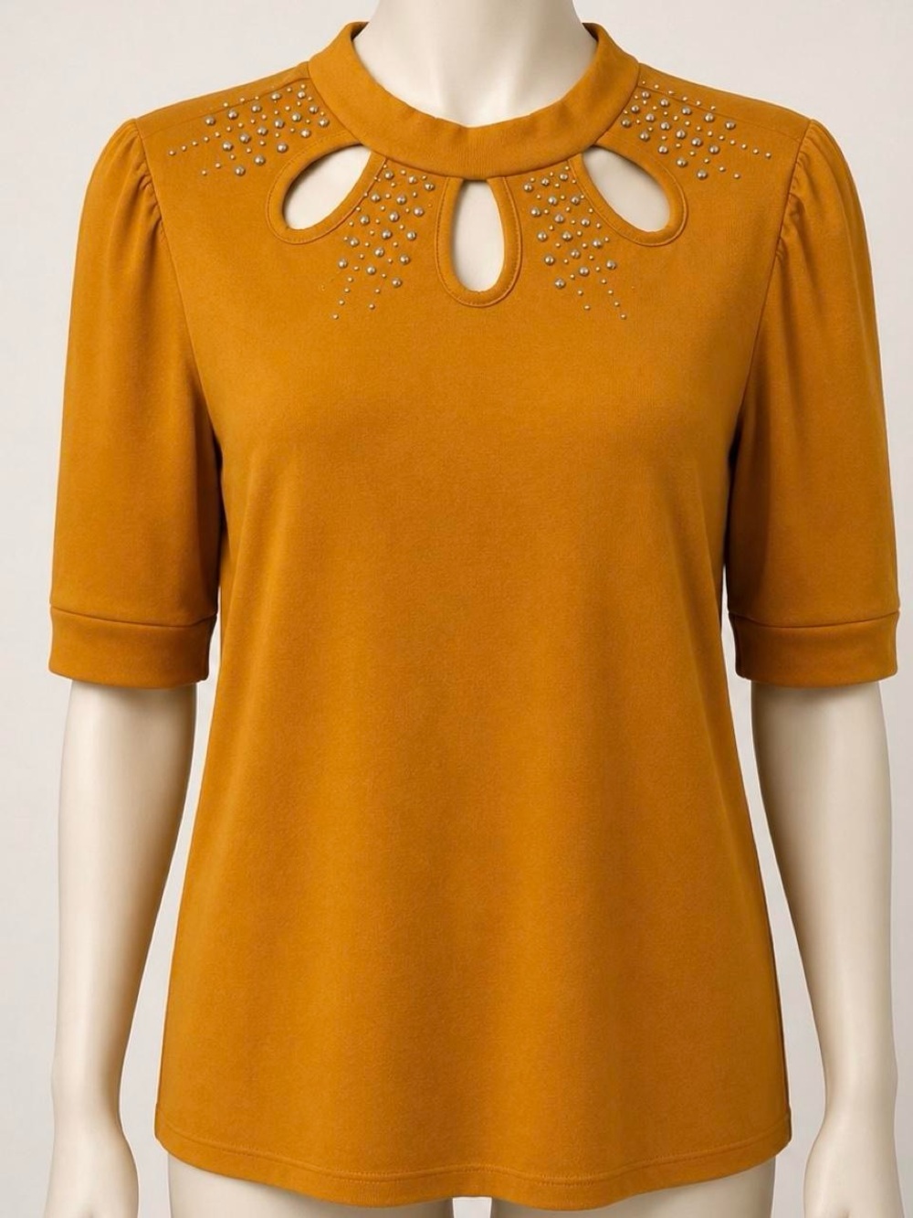 By Design  Keyhole Studded Short-Sleeve Top - Mustard